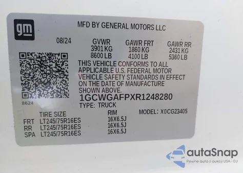 2024 Chevrolet Express Cargo Rwd 2500 Regular Wheelbase Wt z USA, uszkodzony, nr VIN 1GCWGAFPXR1248280